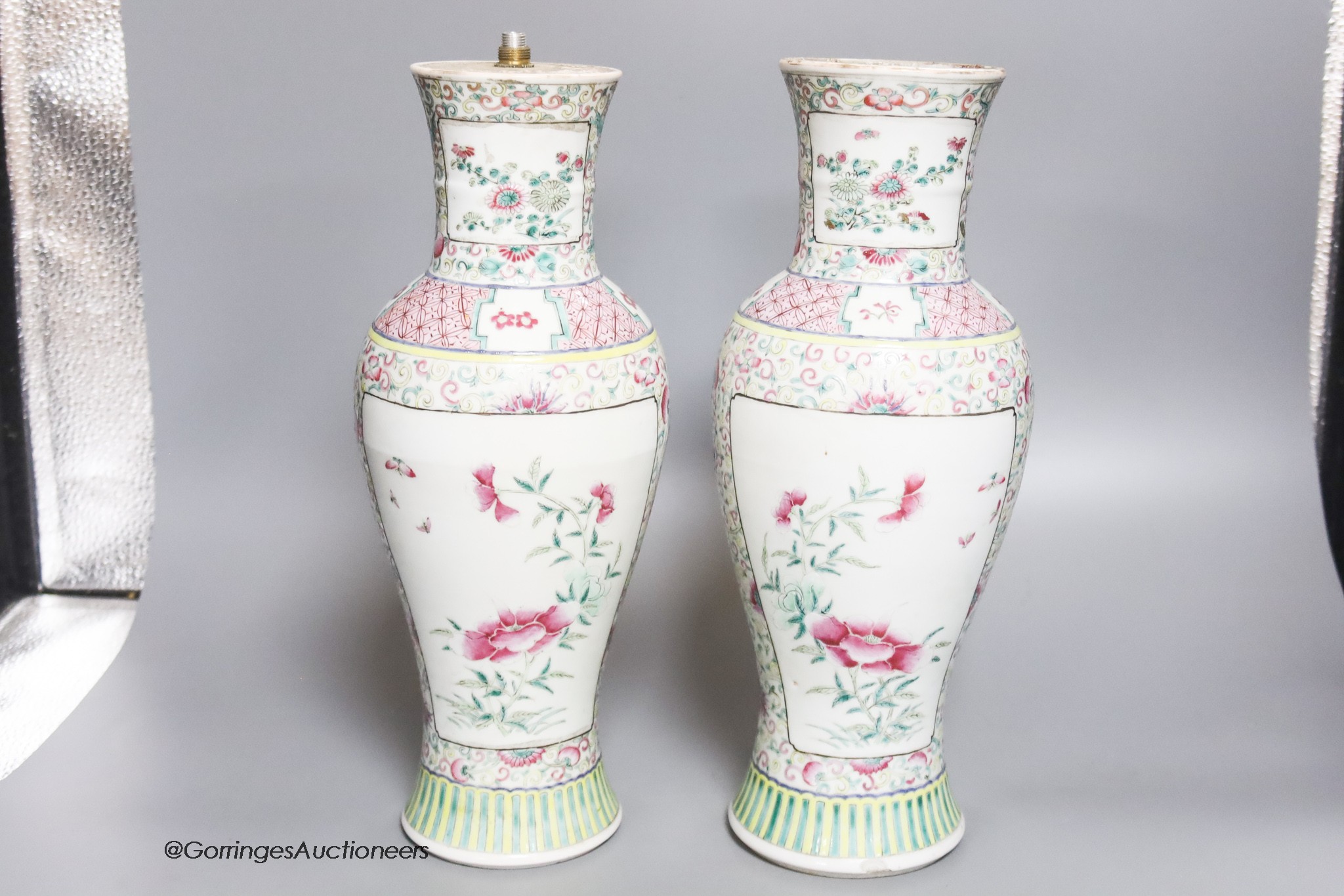 A pair of 19th century Chinese famille rose vases- ex lamp bases, height 31.5cm